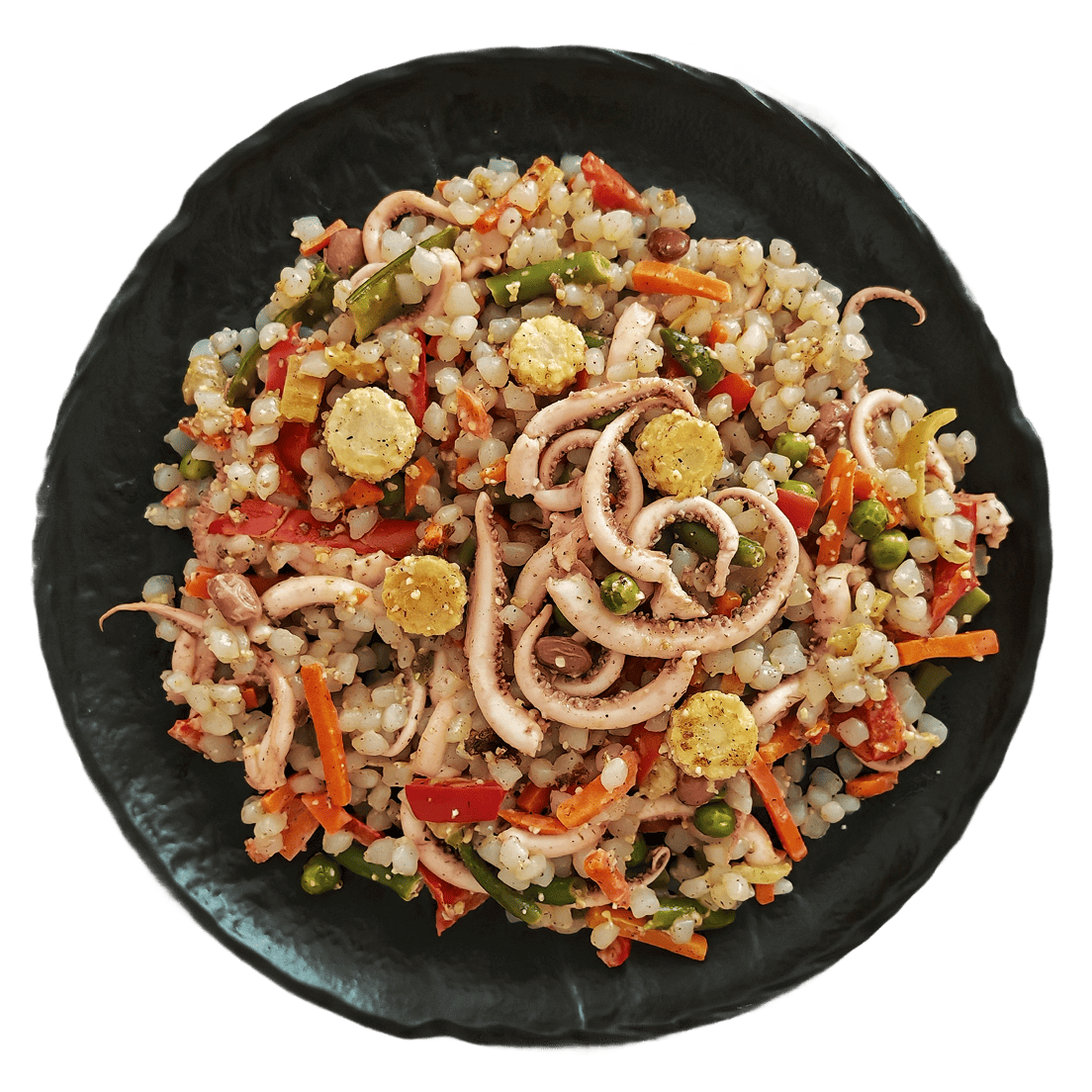 Wok из риса ширатаки с овощами и пресервами