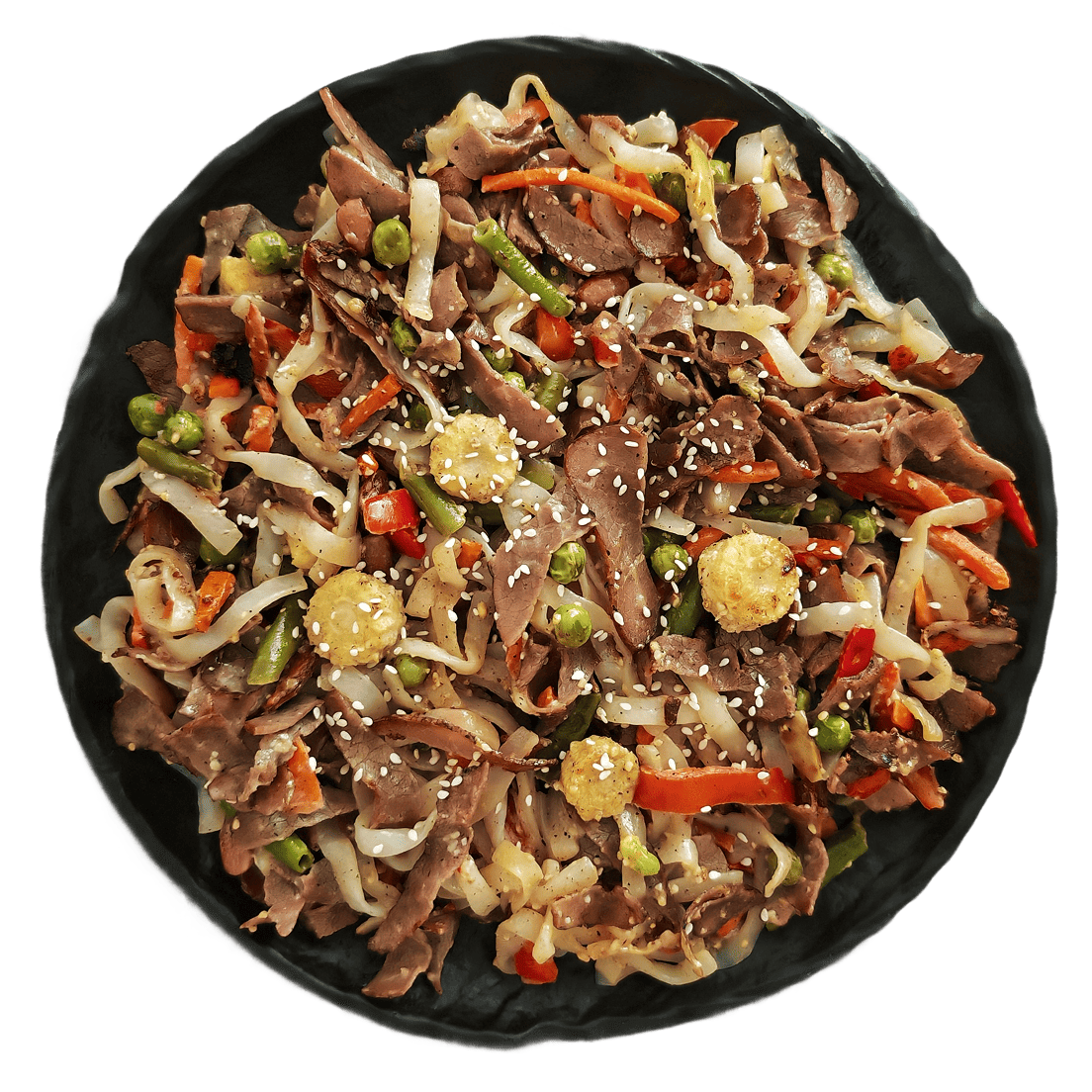 Wok из фетучини ширатаки с овощами и мясной нарезкой